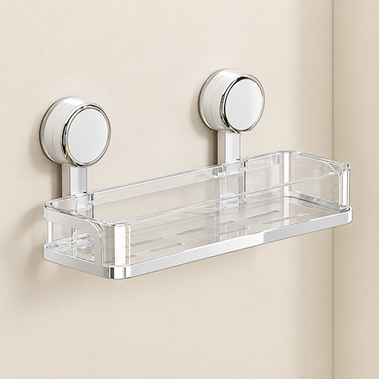Korva suction-cup shower caddy with clear acrylic shelves and chrome mounts, 1 tier.