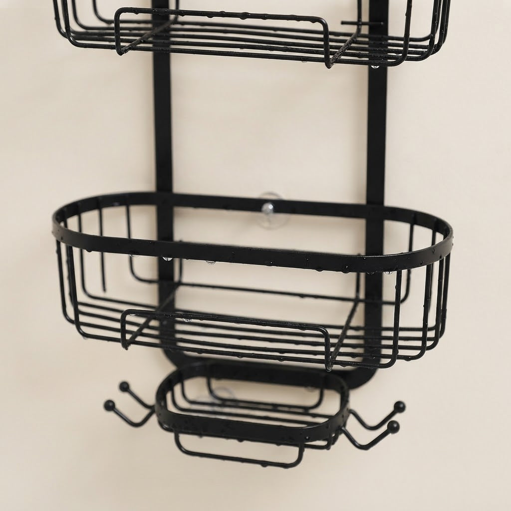 Black two-tier wire shower caddy with side hooks and front shelf