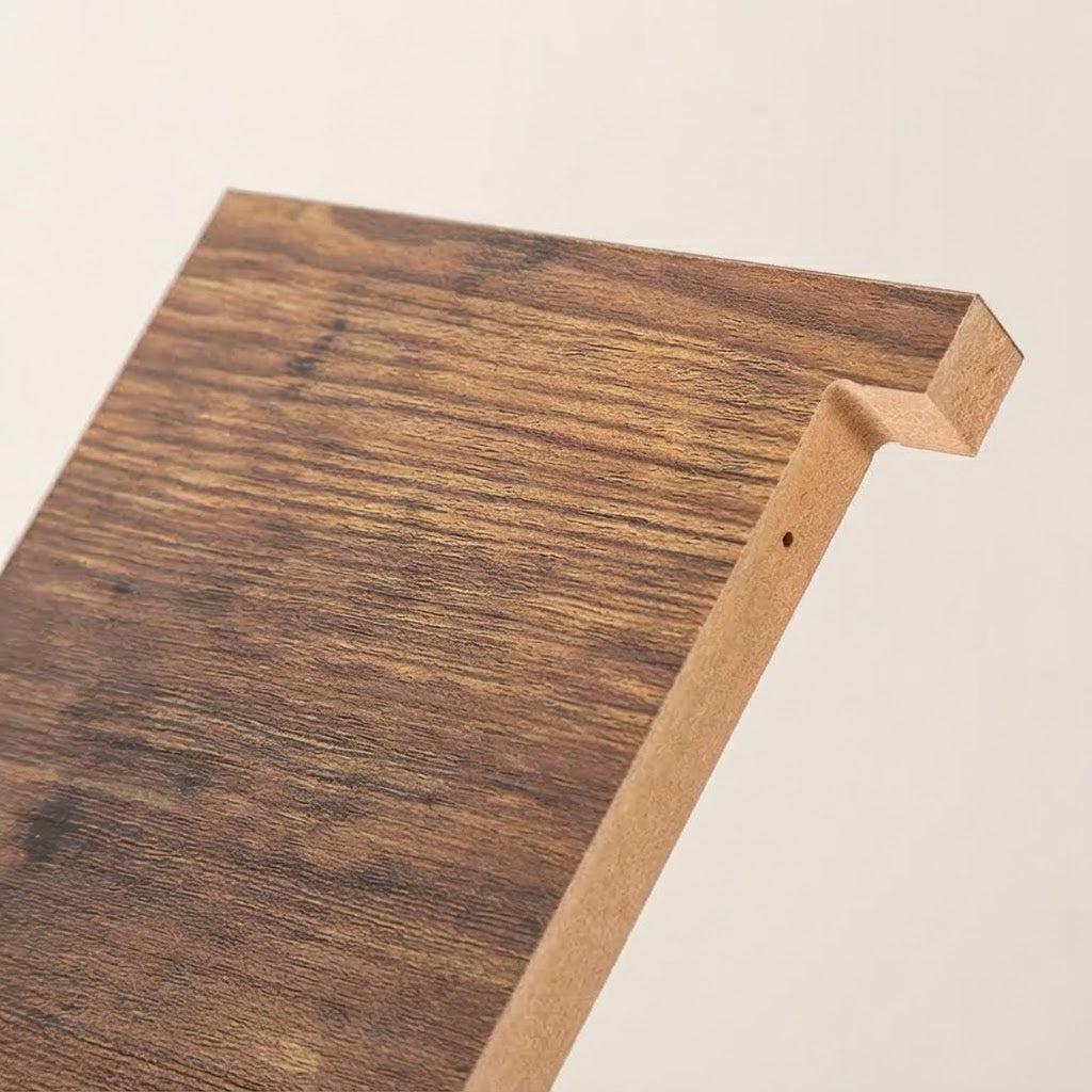Rustic wooden 5-tier wall shelf with vertical support post and open shelves