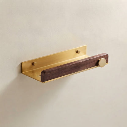 Walnut wood floating bathroom shelf with light gold back, wall-mounted design