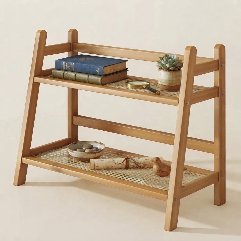 Bamboo 2-tier countertop rack with books, jar, and small kitchen items