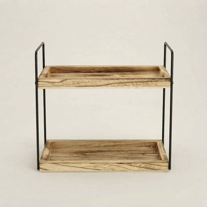 Empty 2-tier wooden shelf rack with black metal frame for countertops