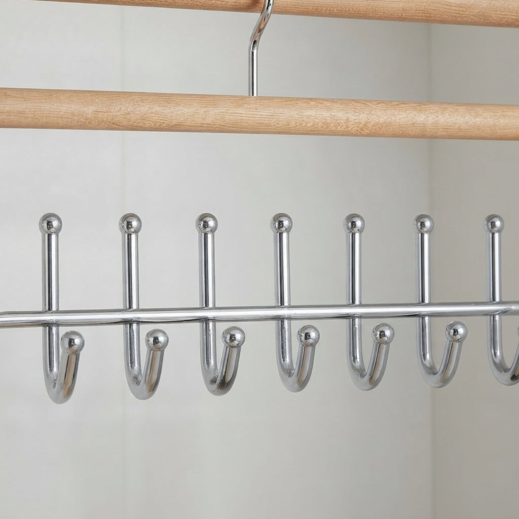 Chrome multi-hook hanger bar with vertical hooks for organizing accessories