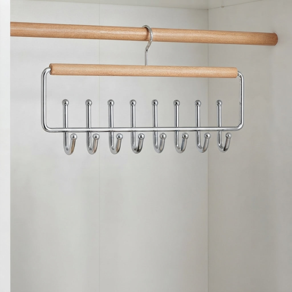 Wooden multi-hook accessory hanger with chrome rack and 8 downward hooks