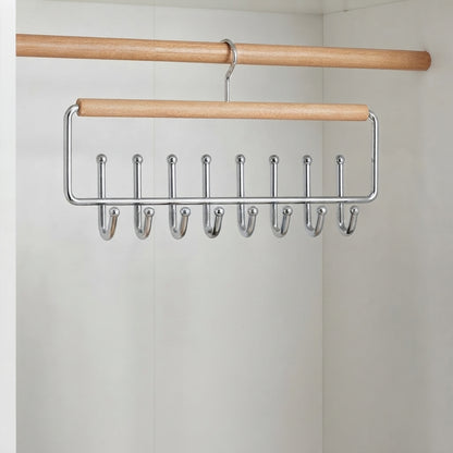 Wooden multi-hook accessory hanger with chrome rack and 8 downward hooks