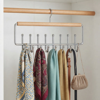 Chrome multi-hook accessory hanger holding scarves and small bags on hooks