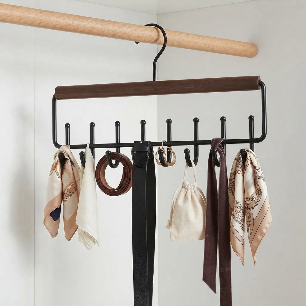 Wooden multi-hook accessory hanger with black frame and multiple hanging hooks