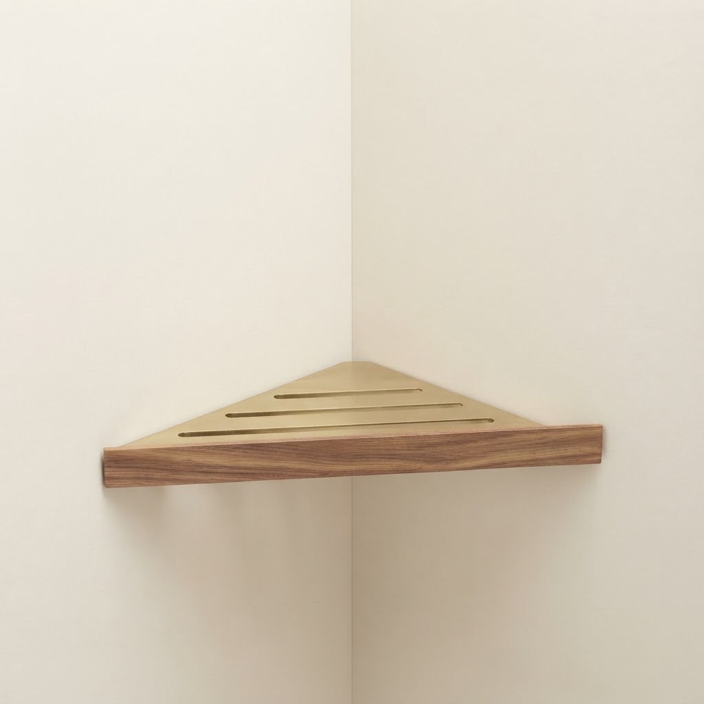Walnut wood floating corner shelf with gold slatted drainage insert, single tier