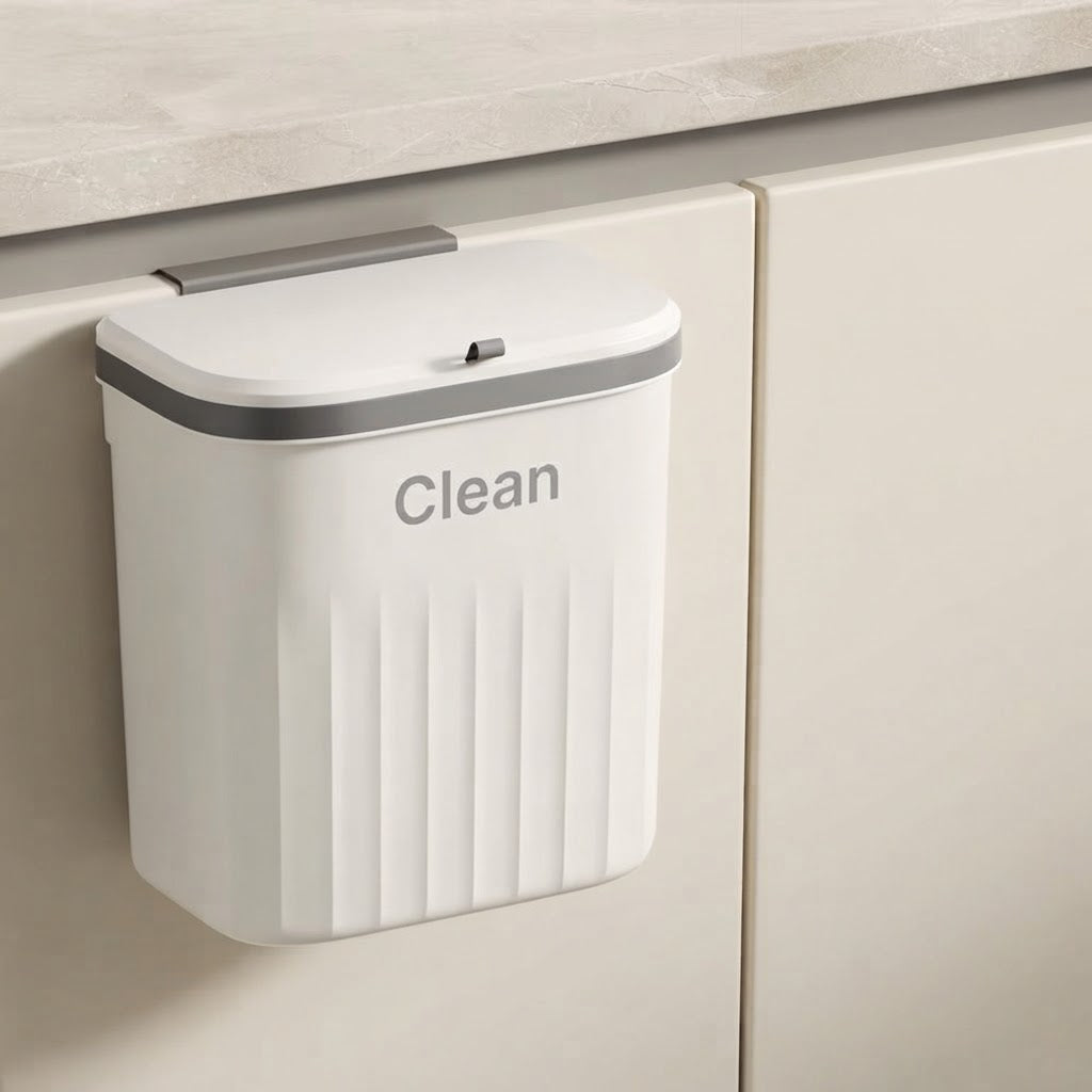 White two-way hanging cupboard door bin with lid closed and “Clean” label on front