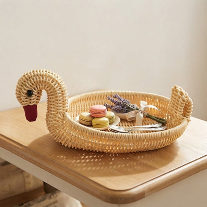 Light woven bamboo animal storage basket with bear-like head handle and oval tray