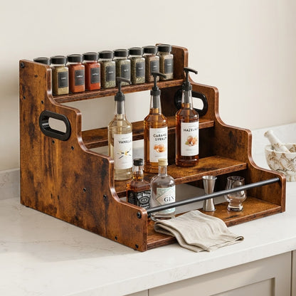 Rustic wood tiered organiser with bottles and spice jars on shelves plus front metal support bars
