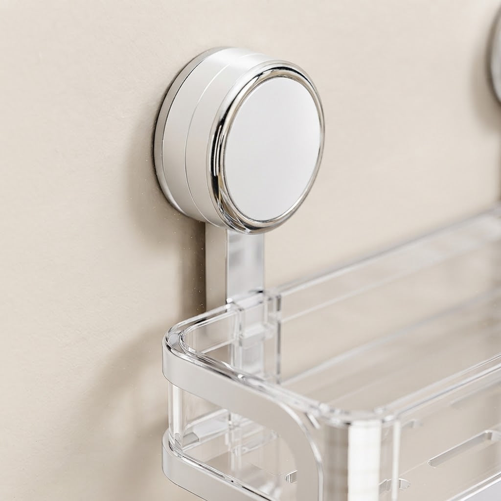 White suction-cup caddy mount and clear acrylic shelf with raised side rails, corner view.