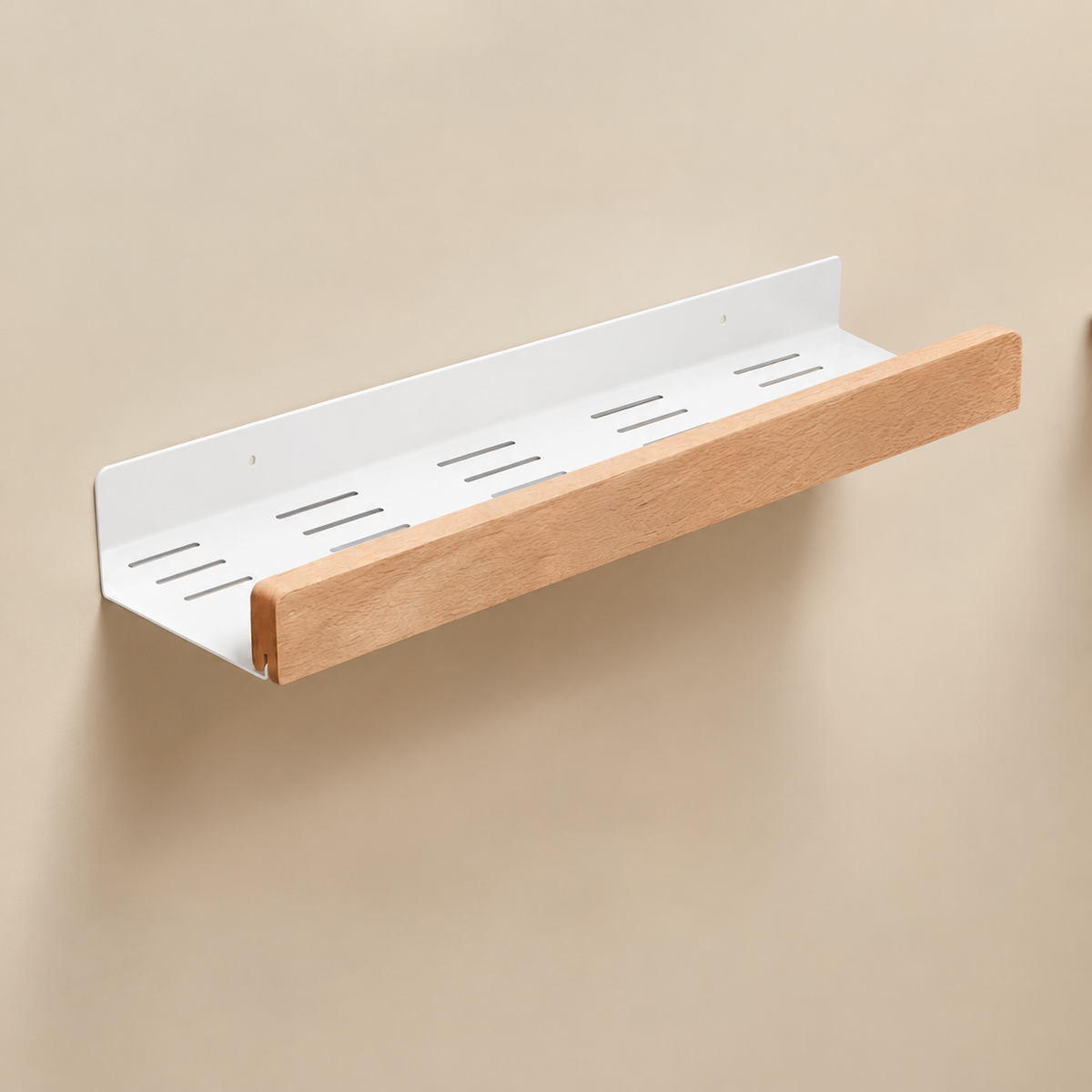 Wall-mounted storage shelf with white back panel and light beech wood slatted ledge