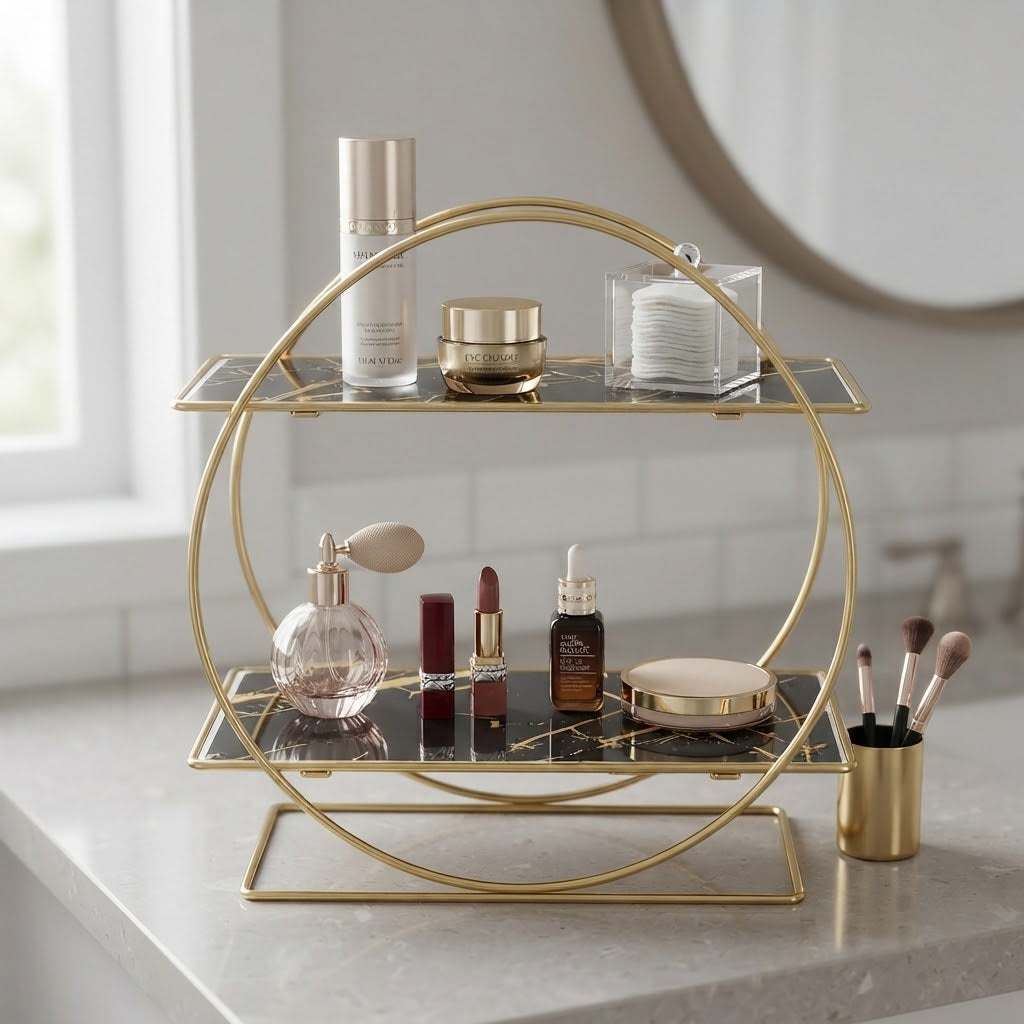 2-tier bathroom countertop organizer with gold frame and white marble-effect trays.