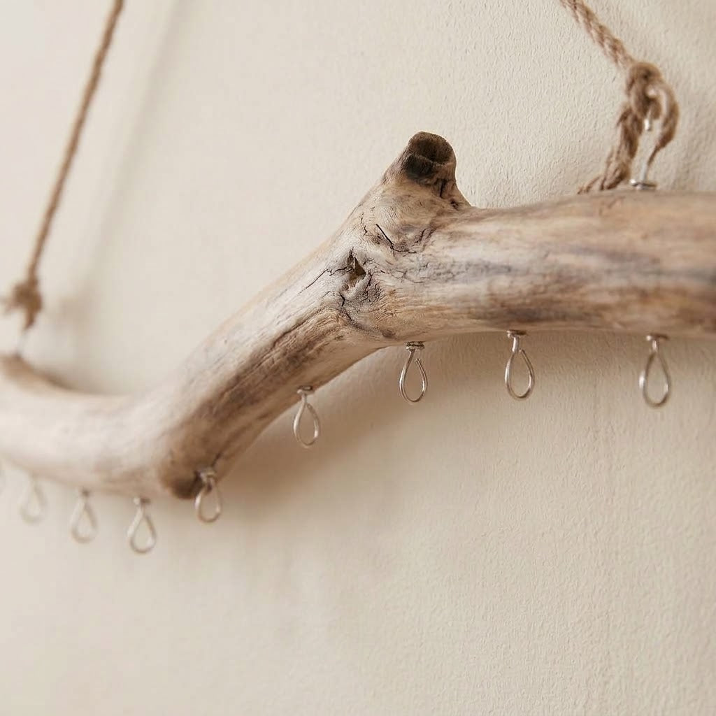Close-up of driftwood multi-hook rail end with rope loop and hanging metal hooks