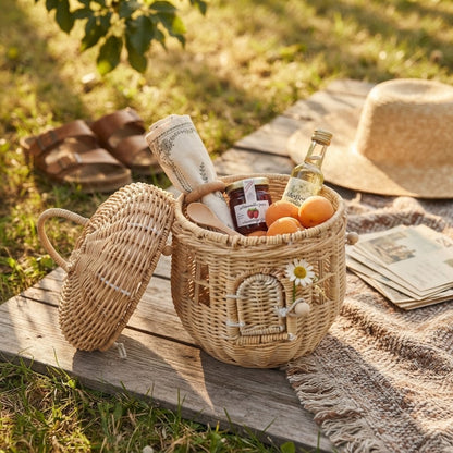 Muris woven rattan mushroom storage basket with khaki lid open, holding bottles and fruit