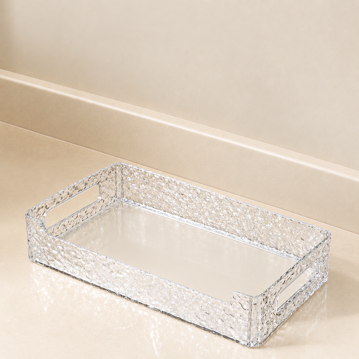 Glitter vanity makeup tray organizer with clear open center and faceted silver sides