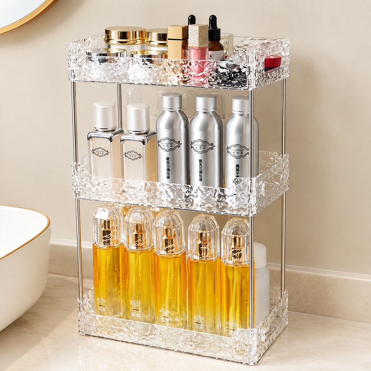 Tiered makeup organizer with clear faceted sides and three open compartments