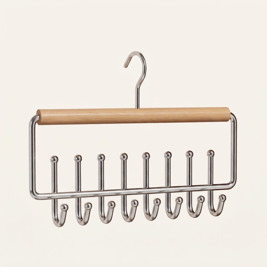Wooden multi-hook accessory hanger with chrome frame and 8 front hooks