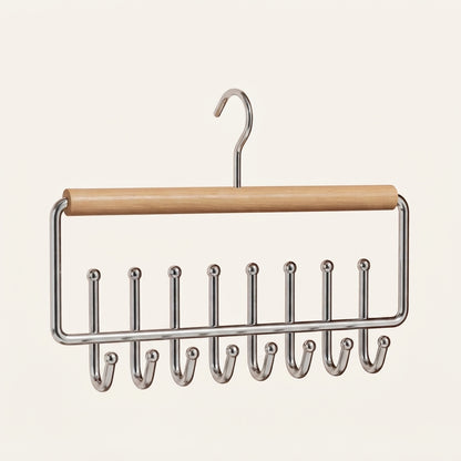 Wooden multi-hook accessory hanger with chrome frame and 8 front hooks