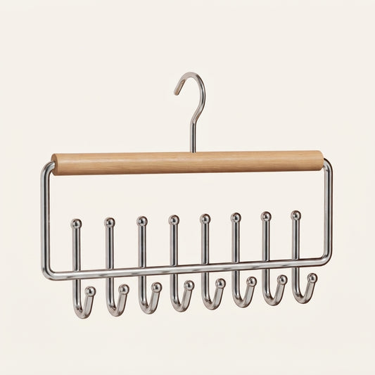 Wooden multi-hook accessory hanger with chrome frame and 8 front hooks