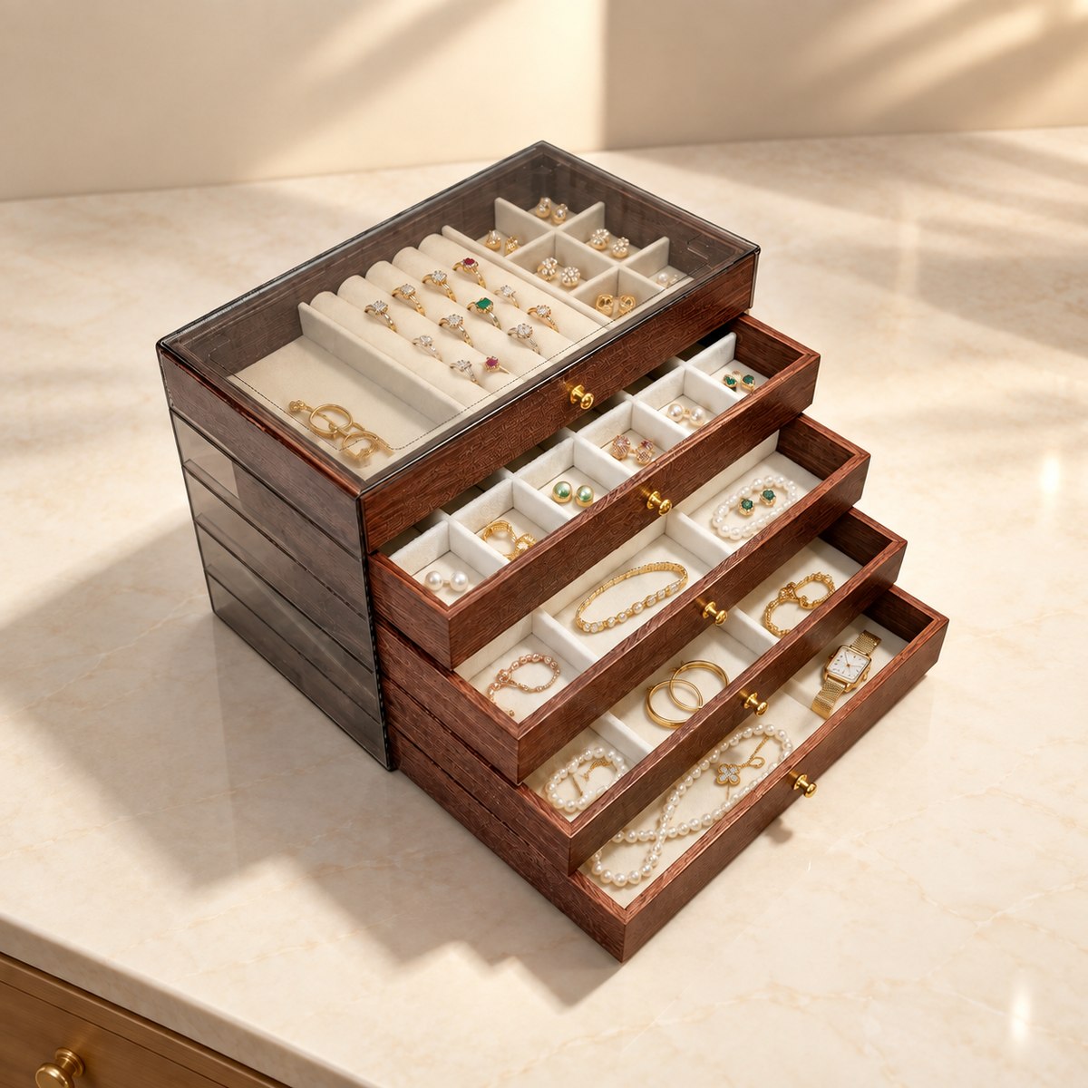 Walnut wooden jewellery box with stepped drawers and ring/bracelet compartments, open lid