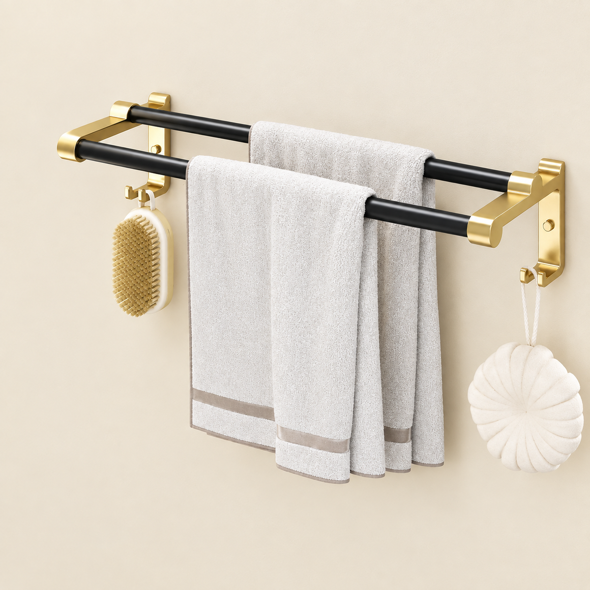 Wall-mounted towel rack with black rails, gold wall mounts, hanging brush and towels