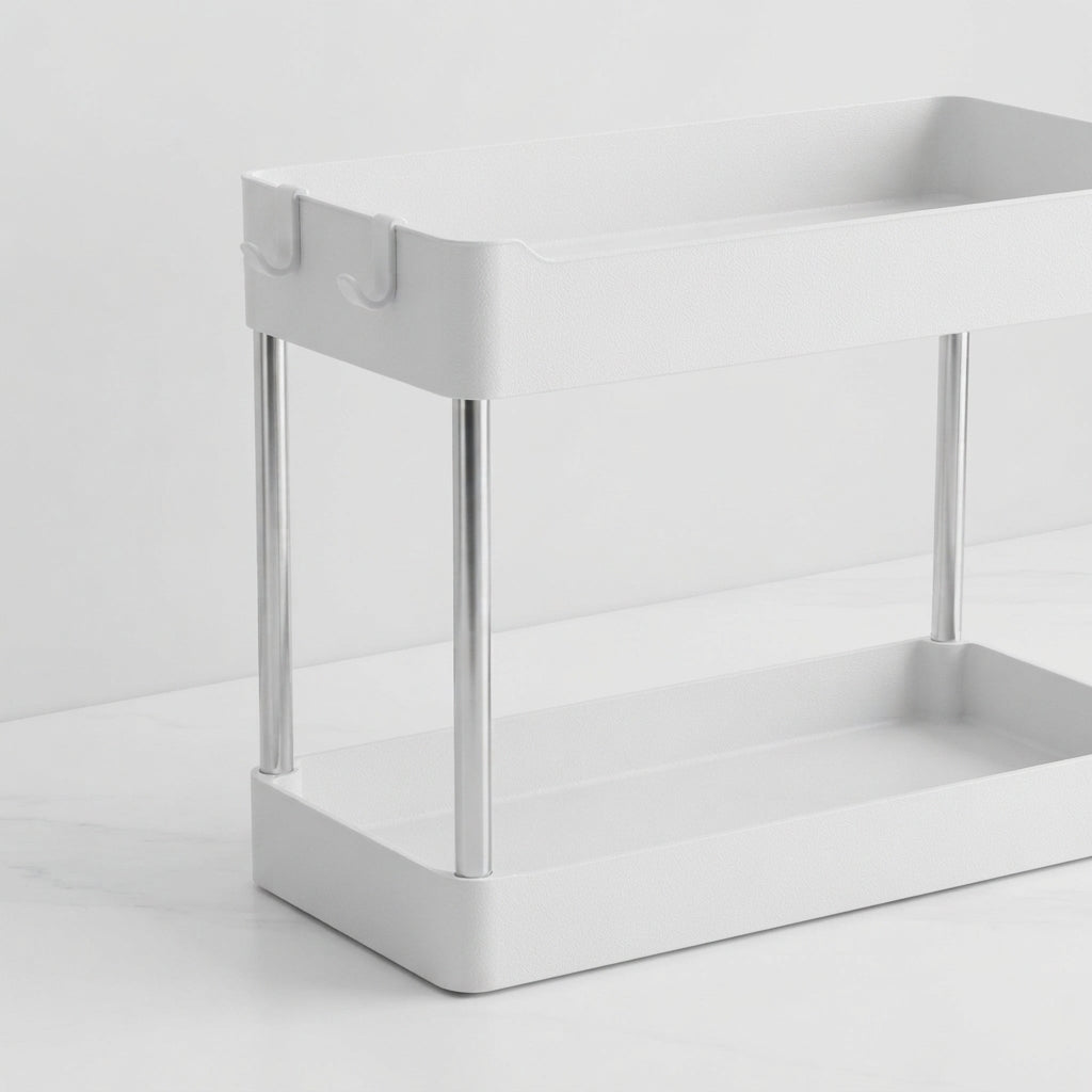 White 2-tier countertop organizer with side hooks and open front shelves