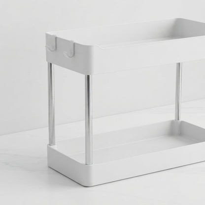 White 2-tier countertop organizer with side hooks and open front shelves