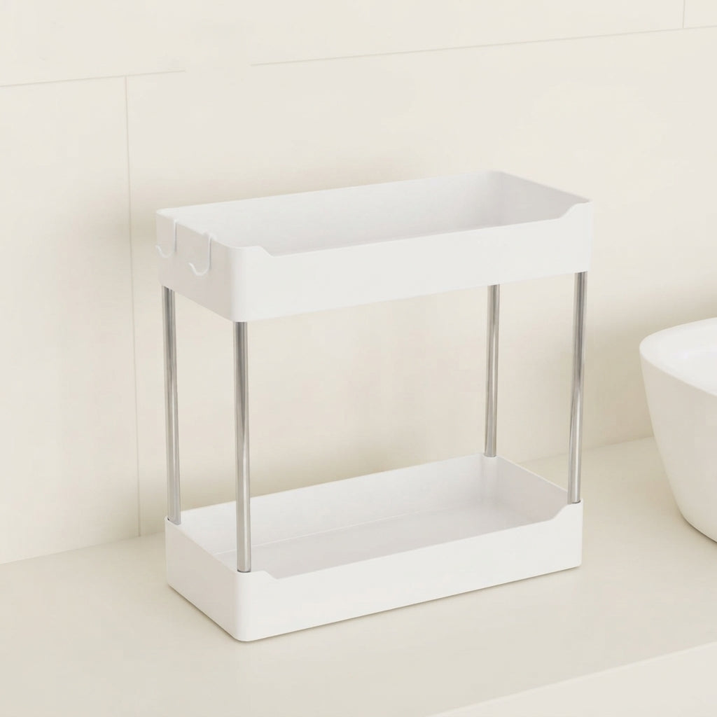 White 2-tier bathroom countertop organizer with open shelves and chrome legs