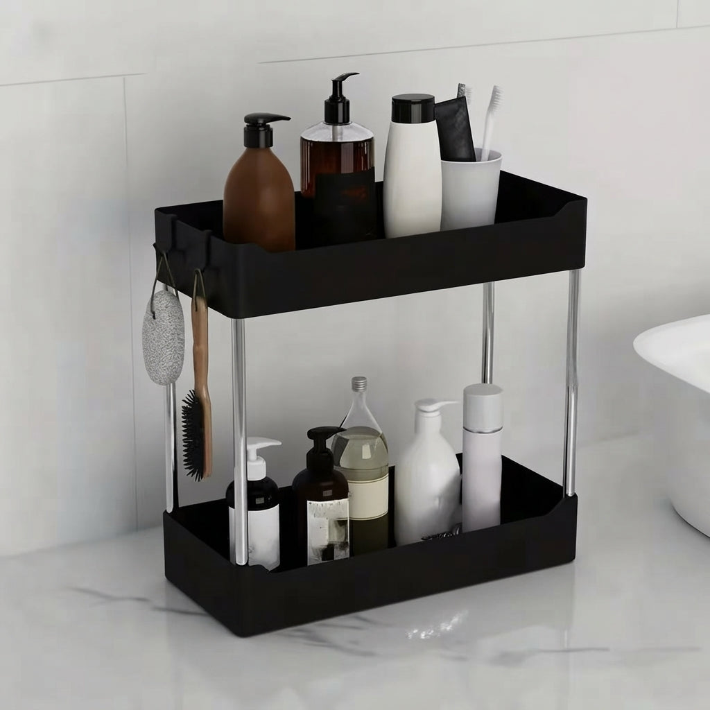 Black 2-tier bathroom countertop organizer with open shelves and chrome legs