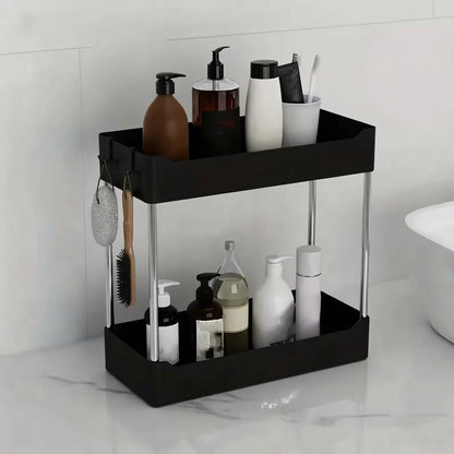 Black 2-tier bathroom countertop organizer with open shelves and chrome legs
