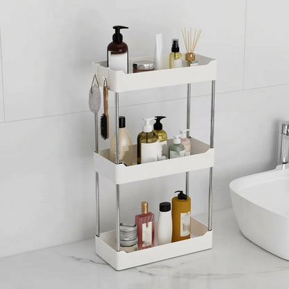 White 3-tier bathroom countertop organizer with open shelves and chrome legs