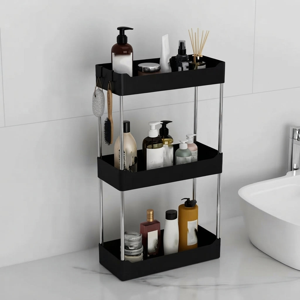 Black 3-tier bathroom countertop organizer with open shelves and chrome legs