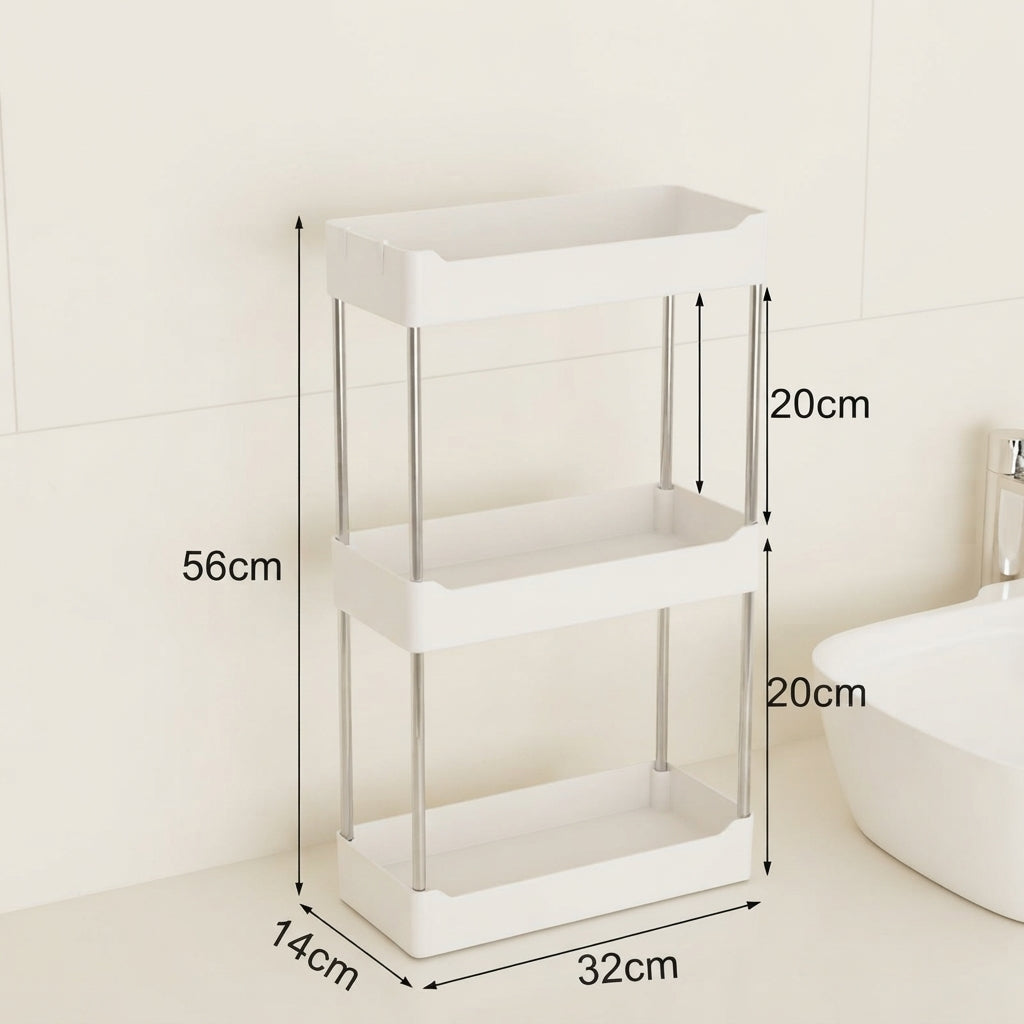 White 3-tier bathroom organizer, 56cm high; 32cm wide, 14cm deep