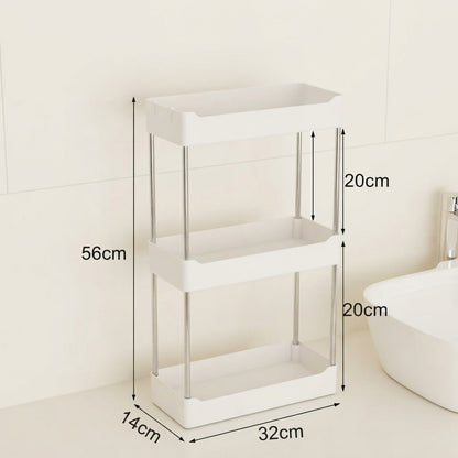 White 3-tier bathroom organizer, 56cm high; 32cm wide, 14cm deep