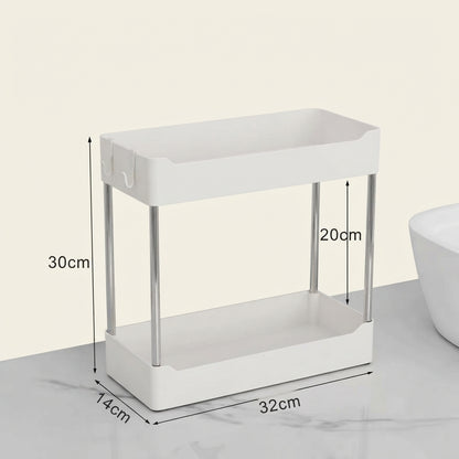 White 2-tier bathroom organizer, 30cm high; 32cm wide, 14cm deep