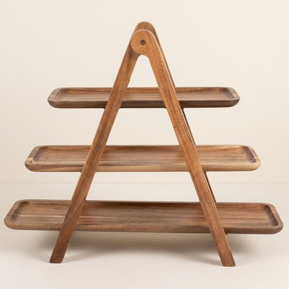 Wooden 3-tier kitchen rack featuring three horizontal shelves and A-frame legs