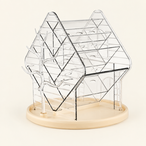 Clear hexagon rotating organizer stand with multi-level compartments and base