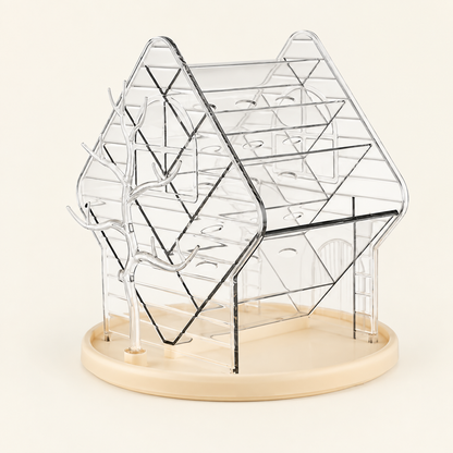 Clear hexagon rotating organizer stand with multi-level compartments and base