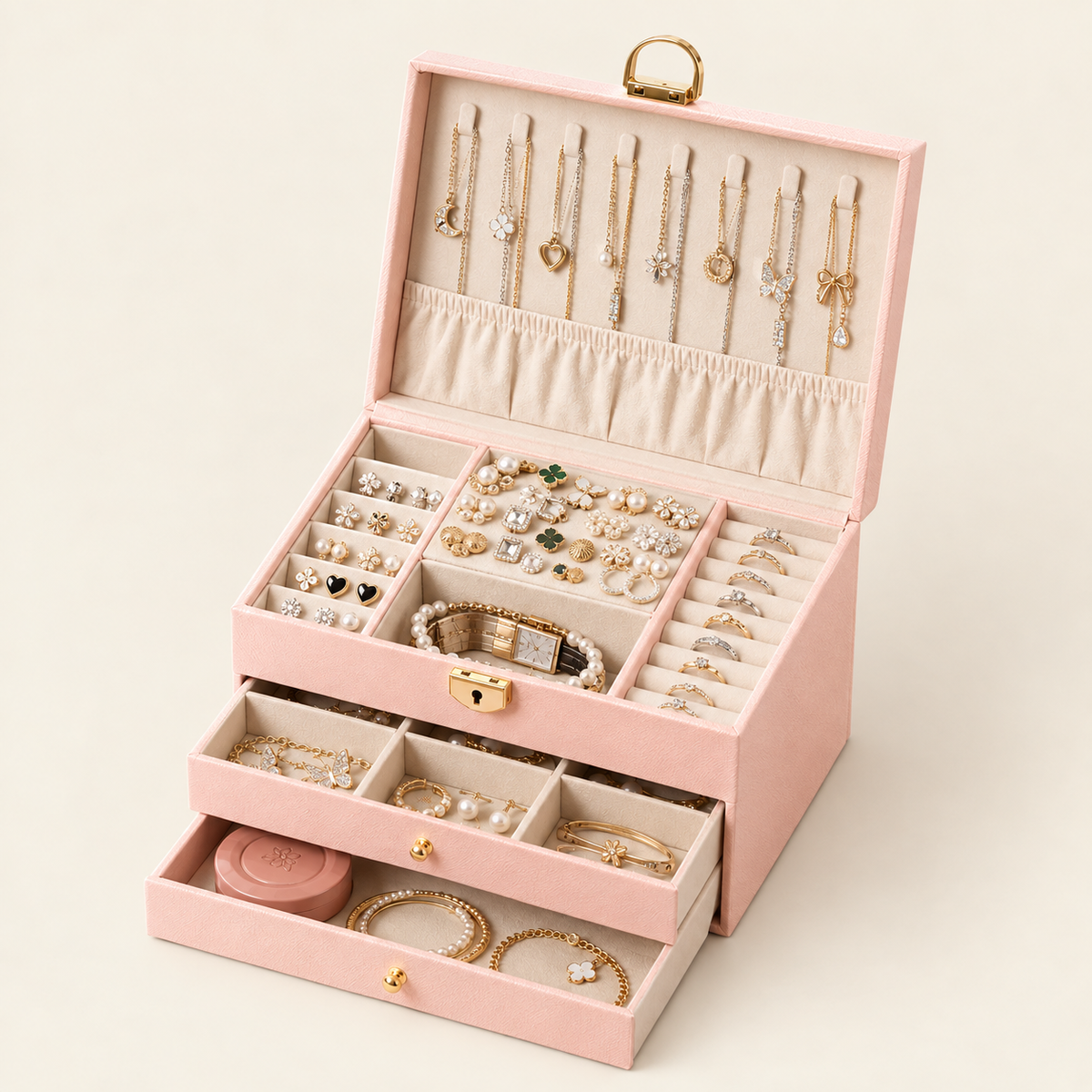 Pink leather quilted jewelry box, open top display with ring and earring compartments