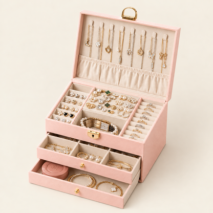 Pink leather quilted jewelry box, open top display with ring and earring compartments