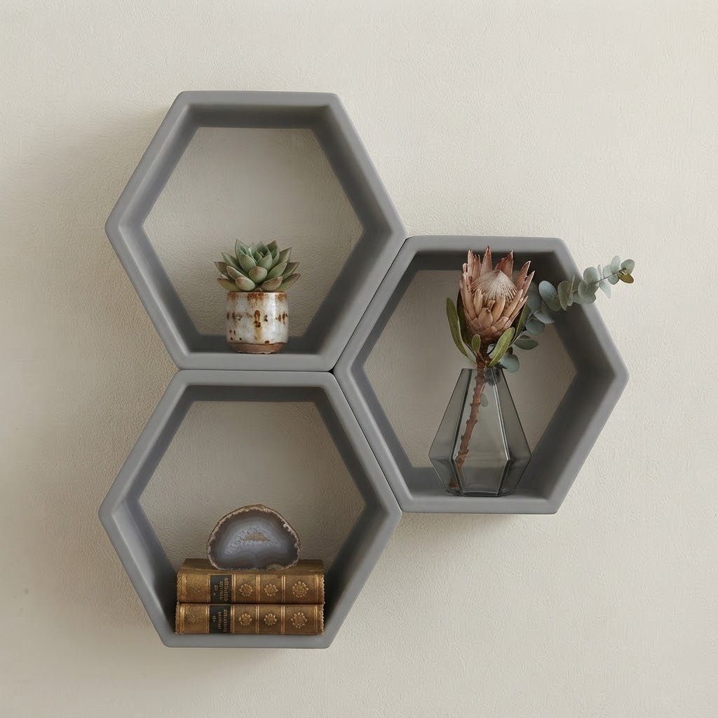 Grey hexagon floating wall shelves, three-piece set with open hexagon openings