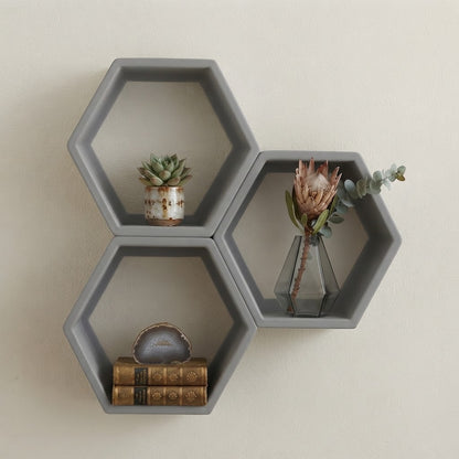 Grey hexagon floating wall shelves, three-piece set with open hexagon openings