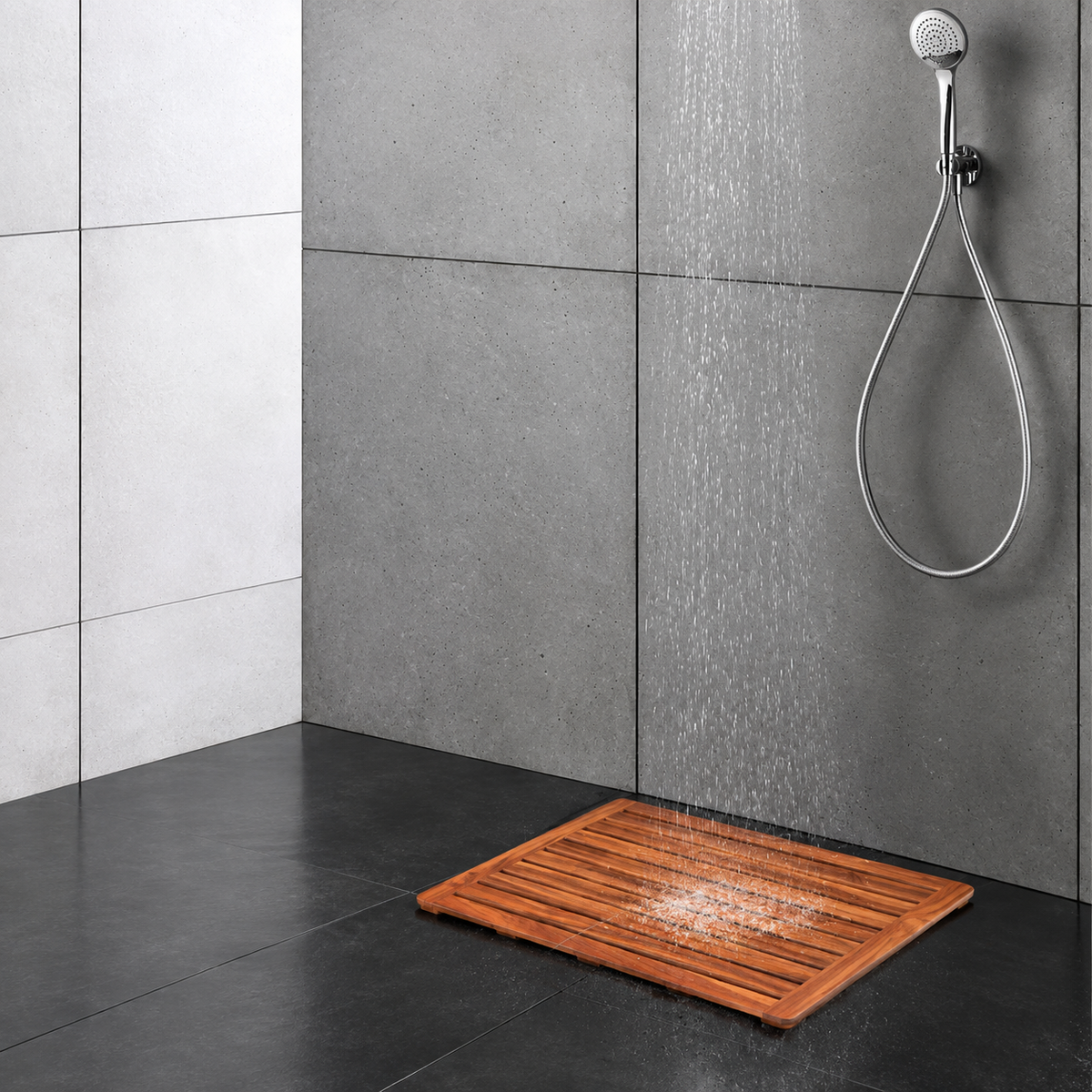 Teak slatted bath mat with non-slip backing and low profile