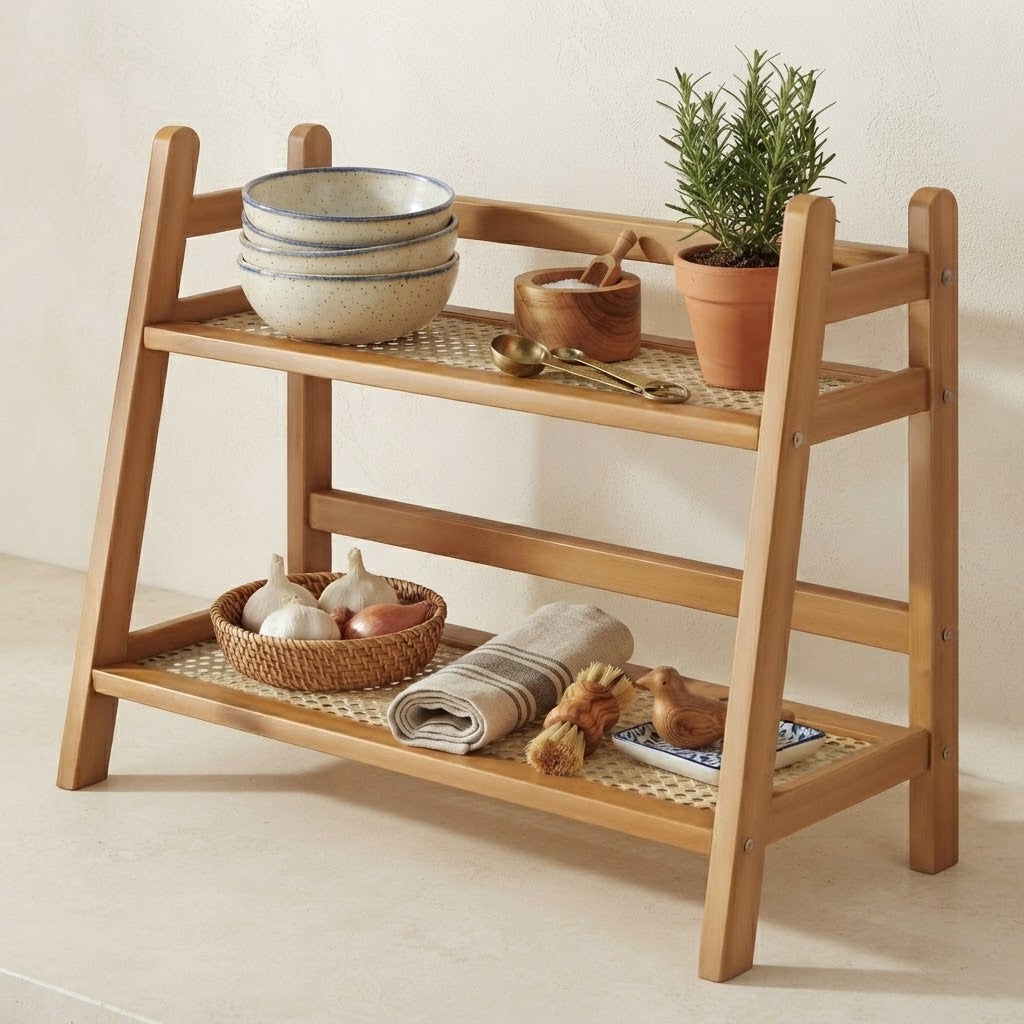 Bamboo 2-tier countertop rack with open shelves and decorative kitchenware