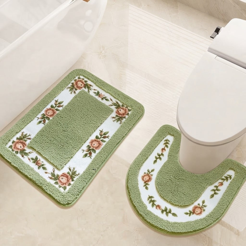 Floral non-slip bath mat set in green with rectangular rug and U-shaped toilet mat