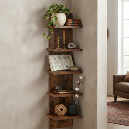 Rustic wooden 5-tier wall shelf displaying potted plant, books, and ornaments