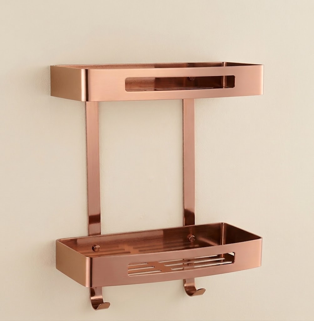 Rose gold stainless steel wall shower caddy with two stacked trays and hanging hooks.