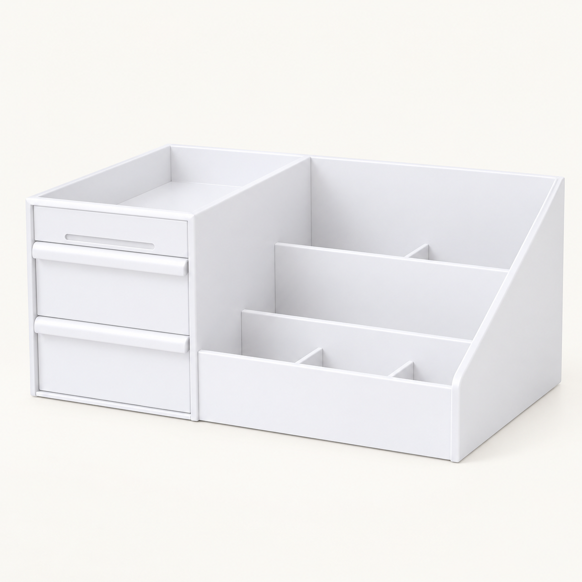 White stepped desk makeup organizer with two drawers and a stacked insert